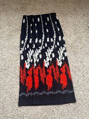 Navy Blue Floral Pleated Midi Skirt with Red & White Accents